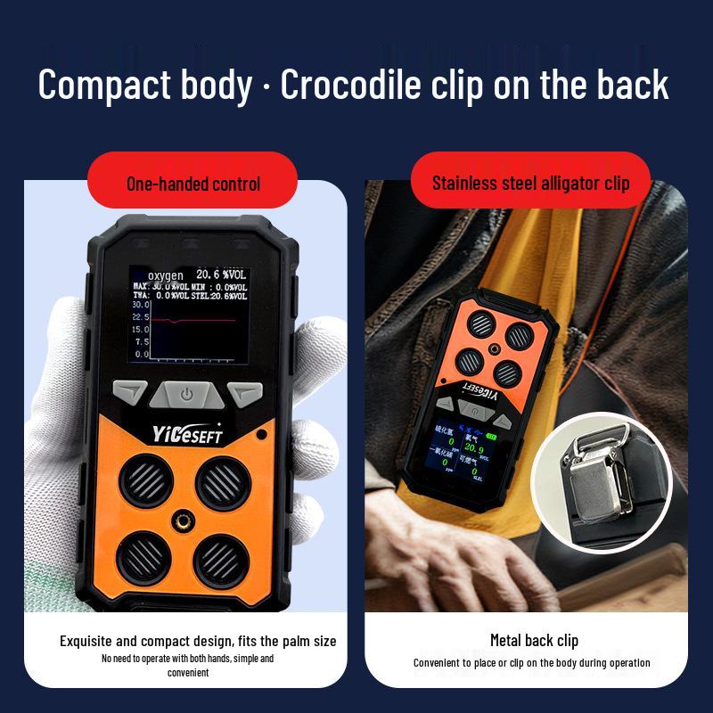 Portable 4-in-1 Gas Detector for Combustible Gas, Hydrogen Sulfide, Oxygen, and Carbon Monoxide with Alarm