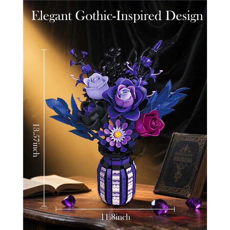 1218PCS Dark Romance Gothic Bouquet Building Blocks Flower With Vase Model Educational DIY Home Decoration Gift For Kids Adults