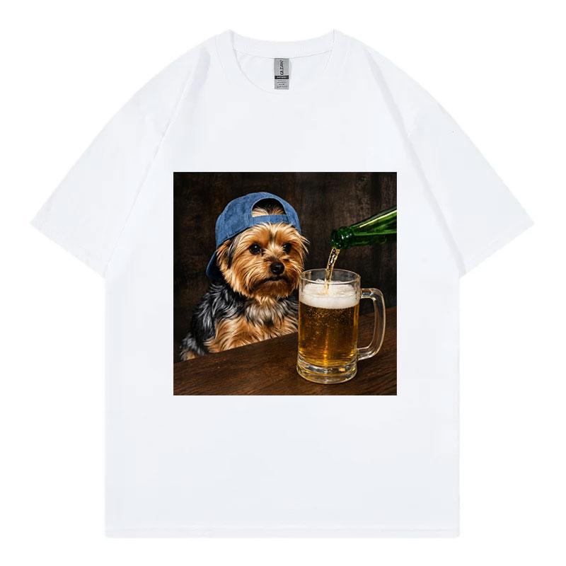 Yorkie Drinking Beer Funny Meme Graphic T Shirts Summer Casual Short Sleeve T-shirtWomen Fashion O-Neck T-shirt