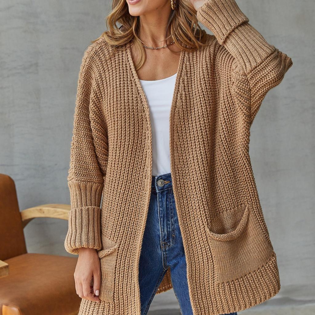 Женский повседневный вязаный кардиган большого размера с длинным рукавом и V-образным вырезом, свободный дышащий свитер средней длины с карманом, однотонное простое модное мягкое трикотажное пальто
