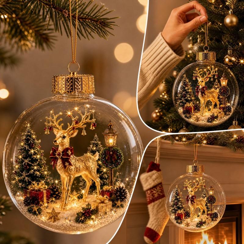 3D Acrylic Christmas Ornament Set With LED Light - Santa Snowman Reindeer Tree Hanging Decor Home Holiday Display