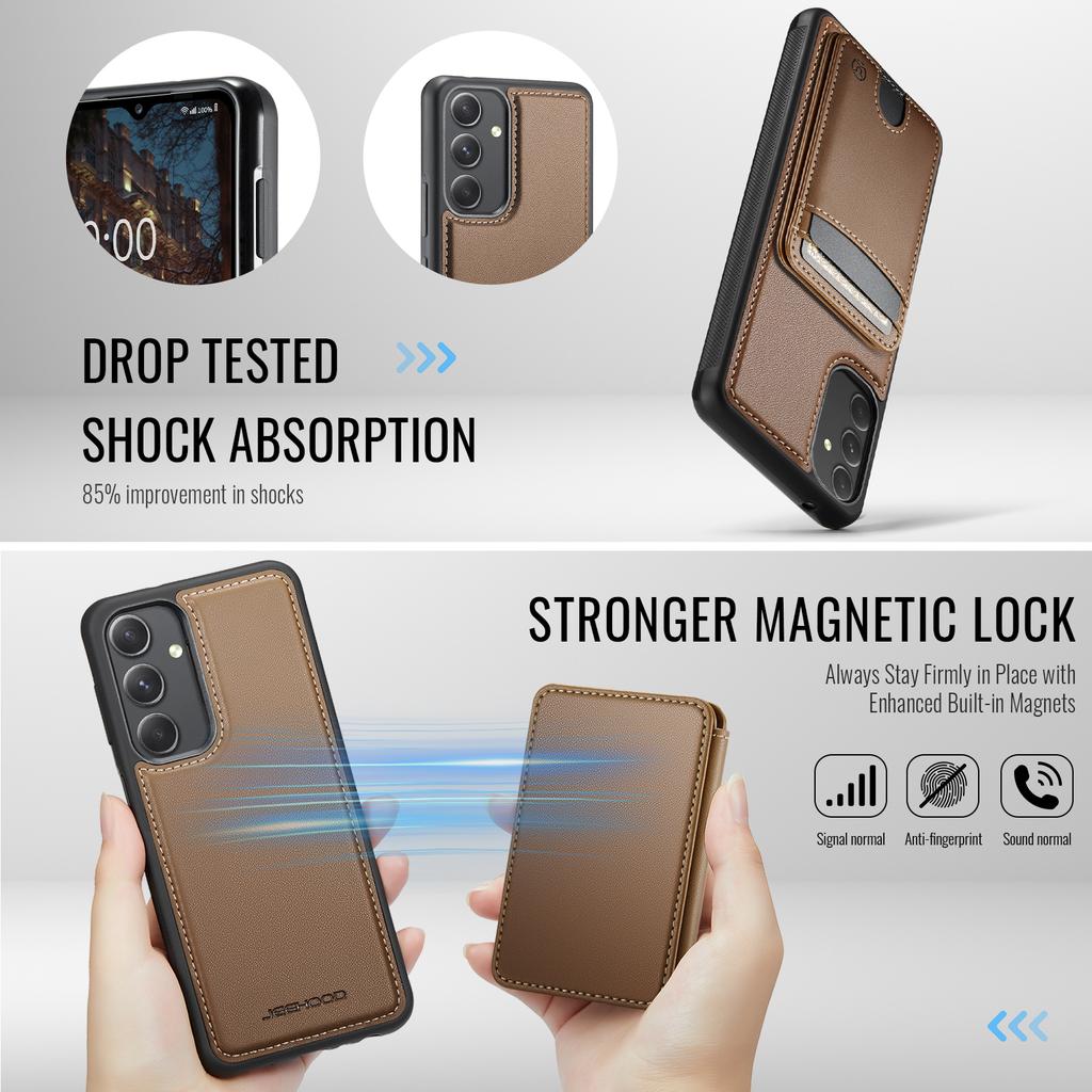 Для Samsung Galaxy A54 5G Магнитный чехол JEEHOOD J10 Кожаная задняя крышка телефона со съемным держателем для карт и подставкой