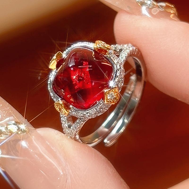 New retro ring open women's ruby inlaid versatile fashion high sense light luxury spot