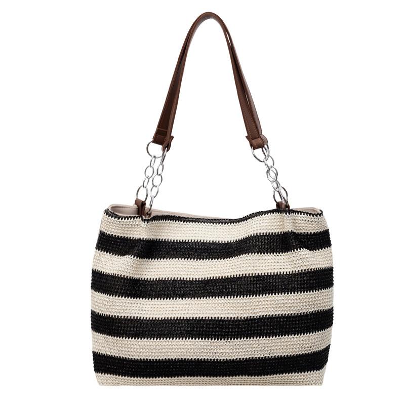 Женская сумка через плечо, полосатая сумка-тоут контрастного цвета, плетеная сумка-тоут, большая вместимость, плетеная сумка из соломы