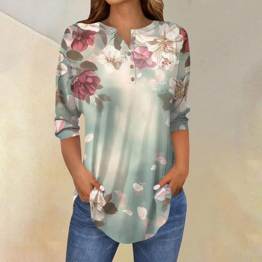 Женская свободная футболка с воротником на пуговицах и винтажным цветочным принтом, рукав три четверти