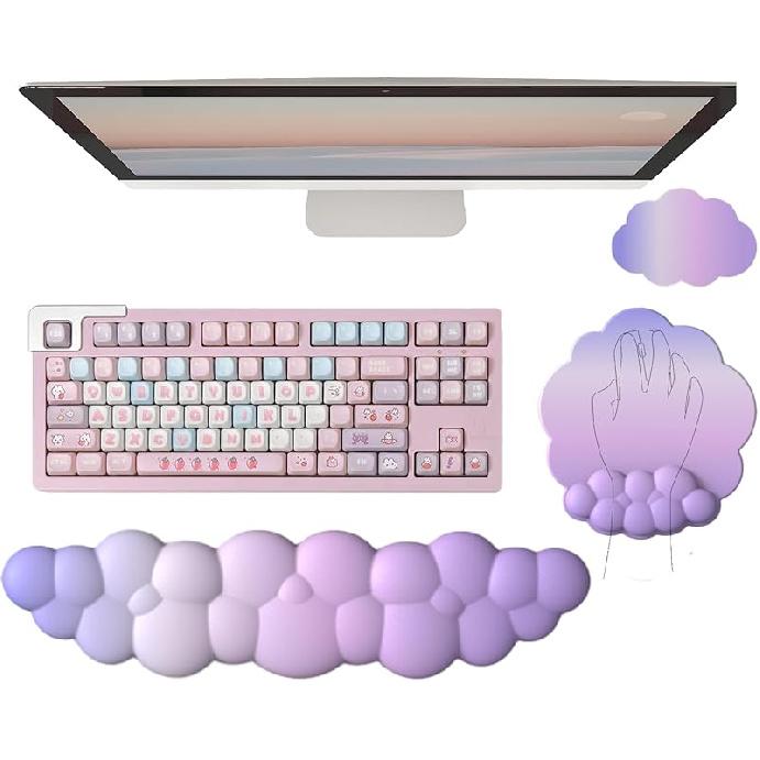 Cloud Keyboard Wrist Rest Purple Mouse Pad with Wrist Rest for Computer Keyboard and Mouse Pad Set Memory Foam PU Base Cute Ergonomic Wrist Pad