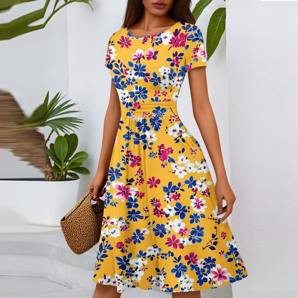 Женское повседневное модное платье миди А-силуэта с круглым вырезом, плиссированными короткими рукавами и цветочным принтом