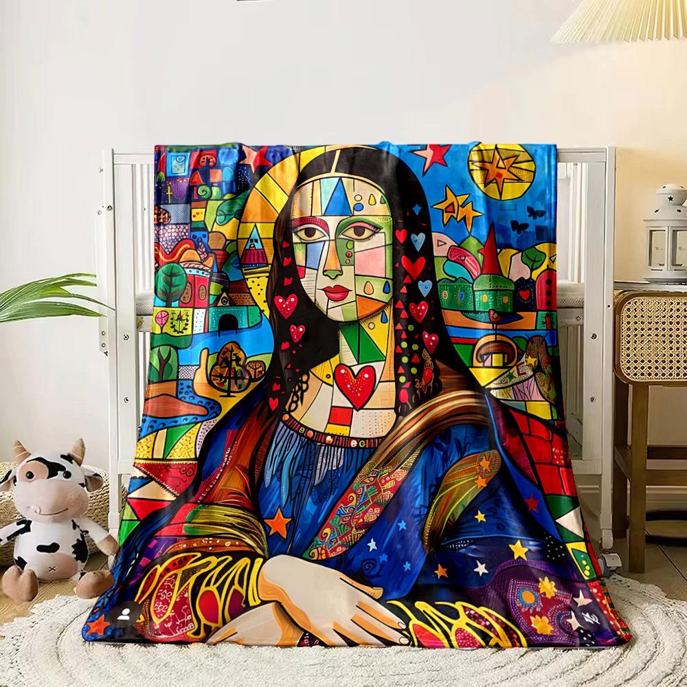 Colorful cubism-inspired portrait blended with hearts, stars, and patterns. for all seasons blanket lunch break throw gift