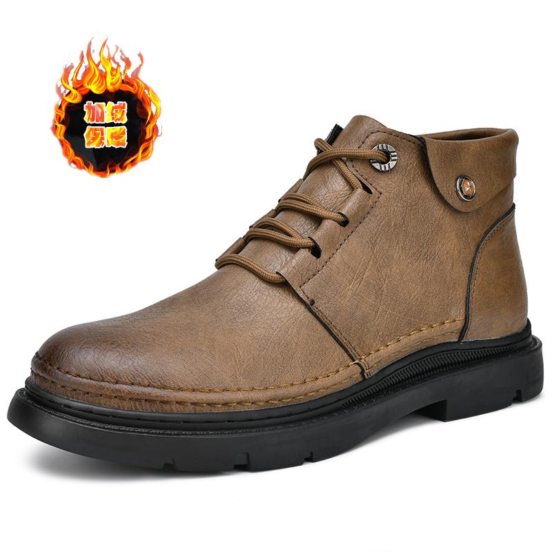 WAERTA Men Designer Leather Shoes Handmade Luxury Leisure Casual Moccasin Fashion Ankle Boots Comfortable Non-slip Winter Plush