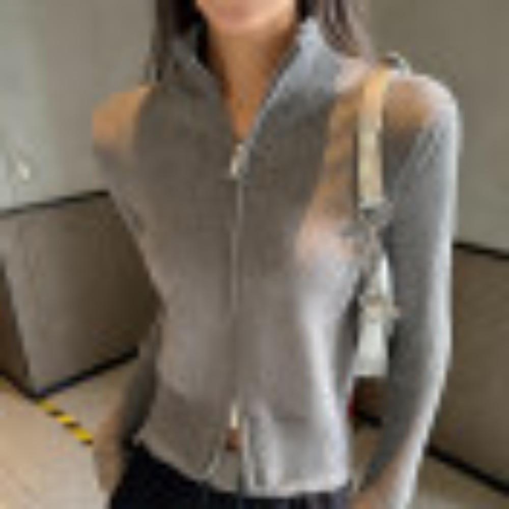 Стильный дизайн с воротником-стойкой для осени и зимы, вязаный кардиган с длинными рукавами на двойной молнии, облегающий топ, пальто-свитер для женщин