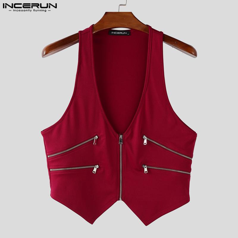 INCERUN Мужские топы-майки без рукавов с глубоким V-образным вырезом на молнии, асимметричные, повседневные