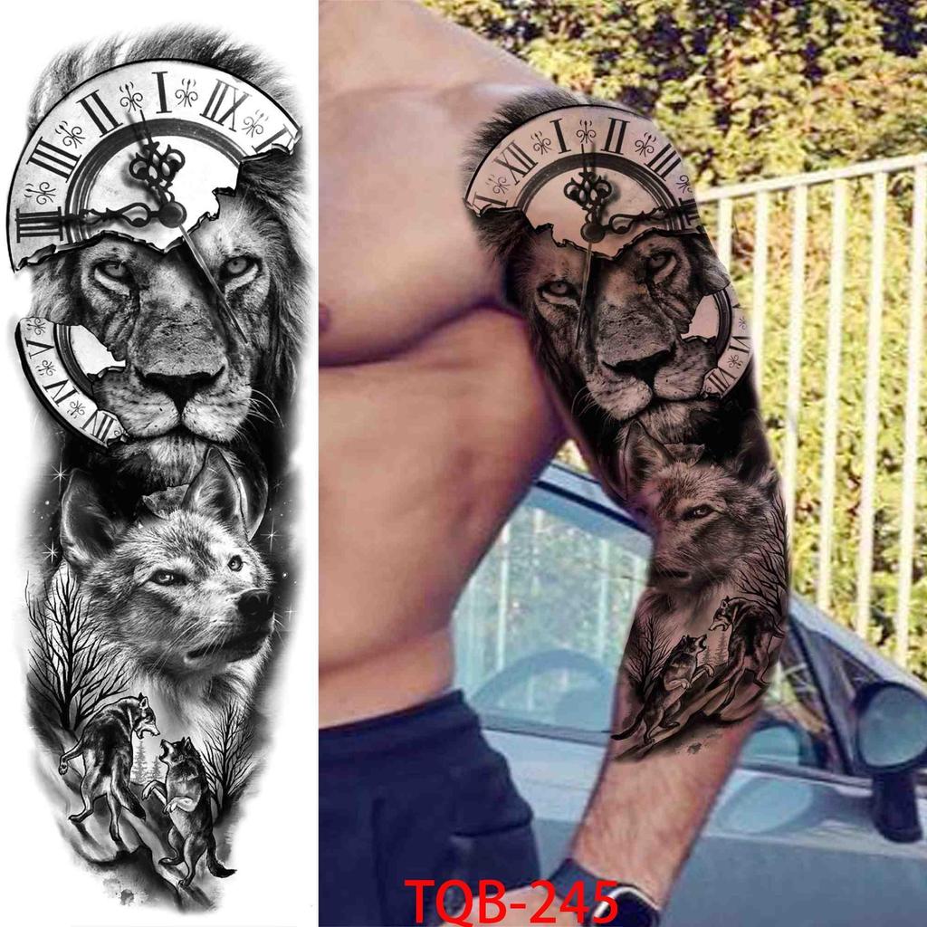 New 1 PC 480*170MM Super Large Compass Wolf Head Eye Fake Lion God Feather Temporary Tattoo Sleeves For Men Women Tattoo Full Arm Tattoo Sticker