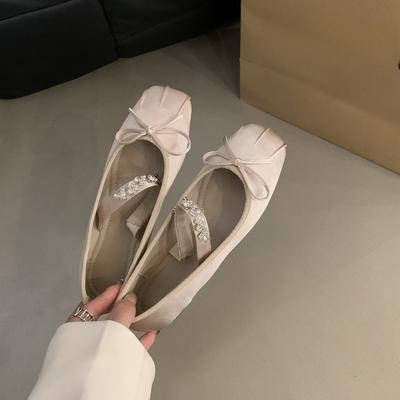 Туфли-балетки с бантиком из стразов, с открытым верхом для ношения с юбкой, балетки с квадратным носком
