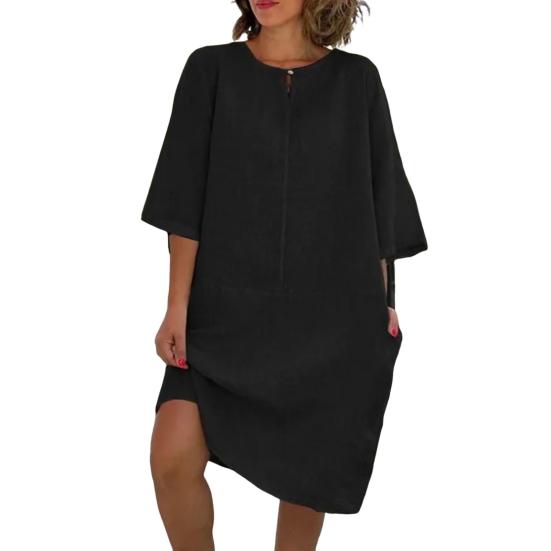 Женское свободное платье-рубашка из хлопка и льна, повседневное платье миди с рукавом 1/2 и круглым вырезом, летний пляжный сарафан для отдыха