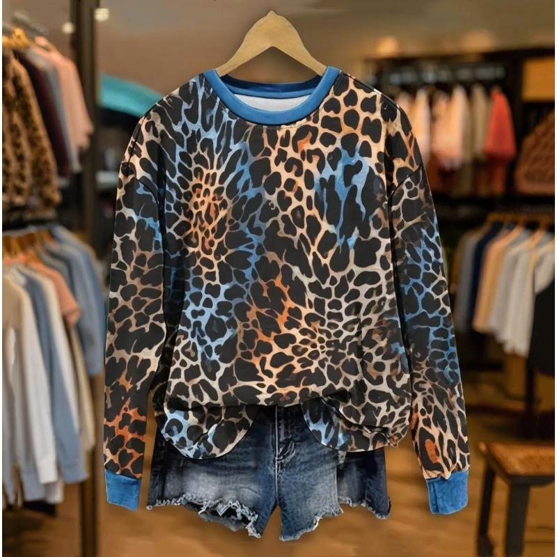 Леопардовый пэчворк Женская толстовка с капюшоном Осень и зима Круглый вырез Длинные рукава Цветной принт Повседневная одежда Мода Оверсайз St