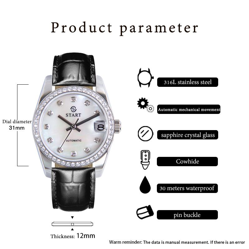 Start Женские часы с перламутровым циферблатом, модные повседневные автоматические механические часы, водонепроницаемые кожаные часы с функцией даты