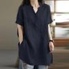 Breathable Linen Tunic for Women Burgundy Short Sleeve V-Neck Half Button Casual Loose