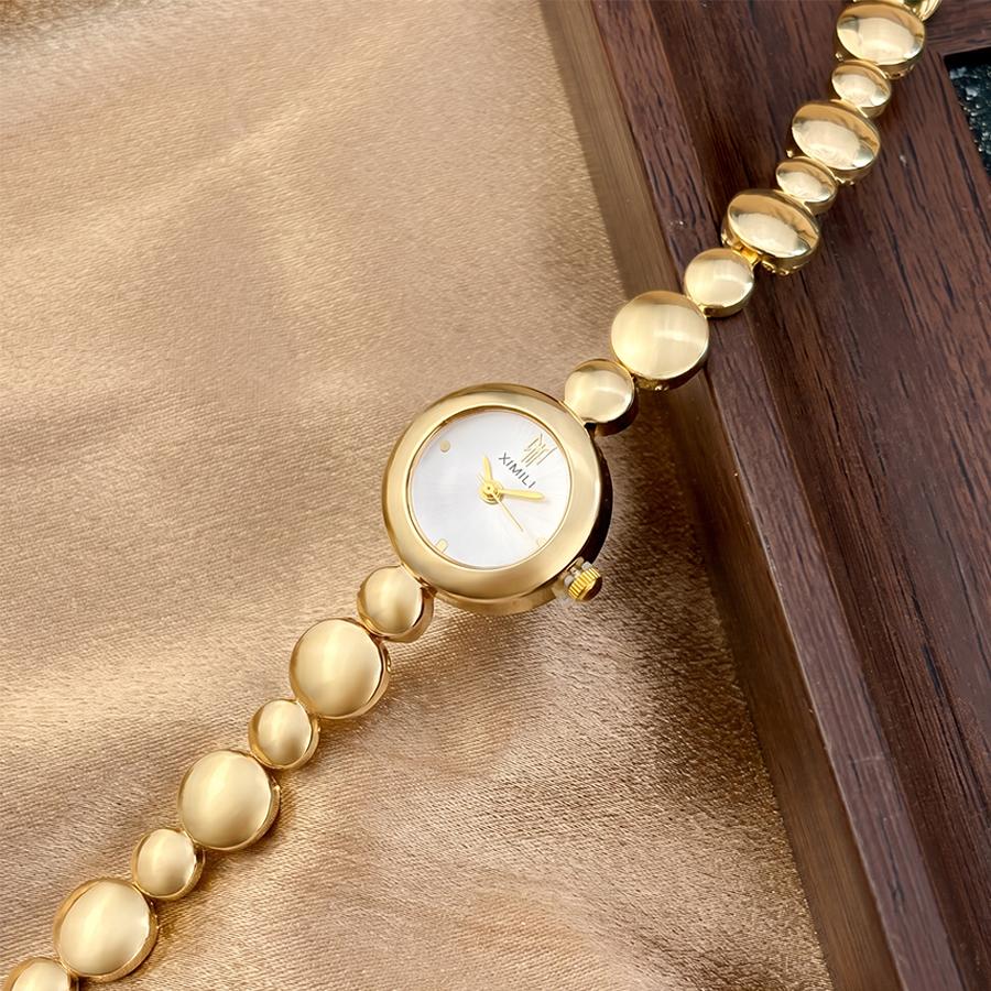 Round Dial Alternating Gold Bead Strap Minimalist Chic Modern Ladies Wrist Watch