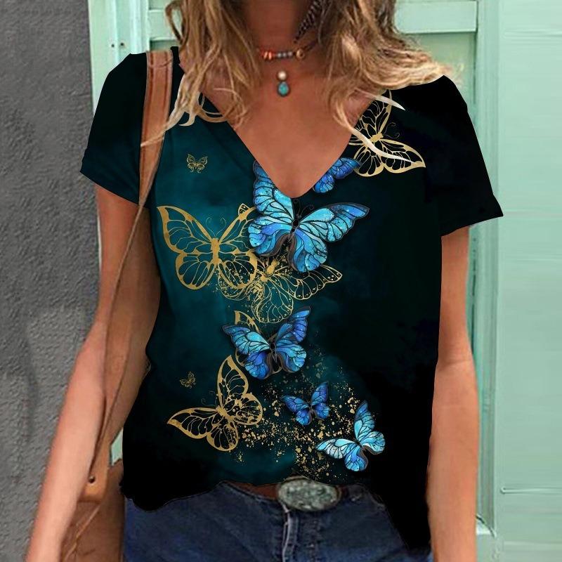 Летняя новая женская футболка с короткими рукавами и V-образным вырезом с принтом бабочки 3D