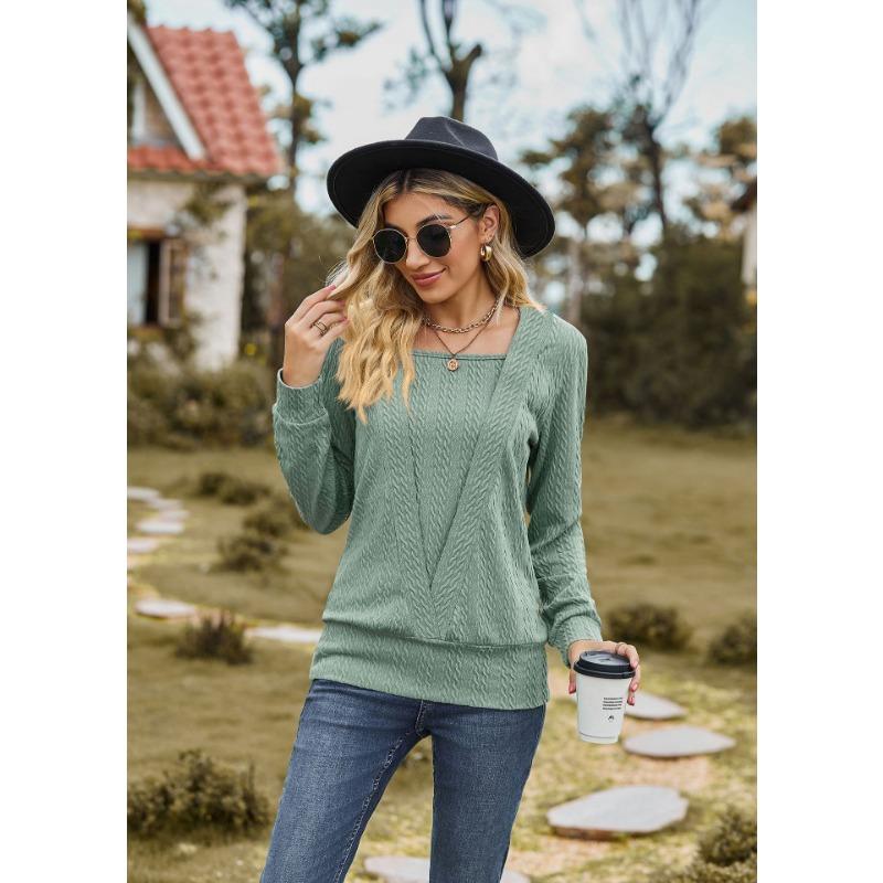 Весенне-осенняя женская блузка, однотонная, с квадратным вырезом, свободный топ с длинными рукавами и кроссовером