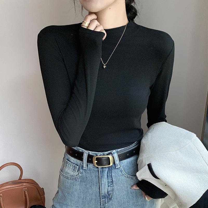 Длинный рукав Женская холодная базовая теплая футболка Модальная нижняя рубашка Однотонная осенняя футболка с полувысоким воротом и круглым вырезом с маленьким воротником