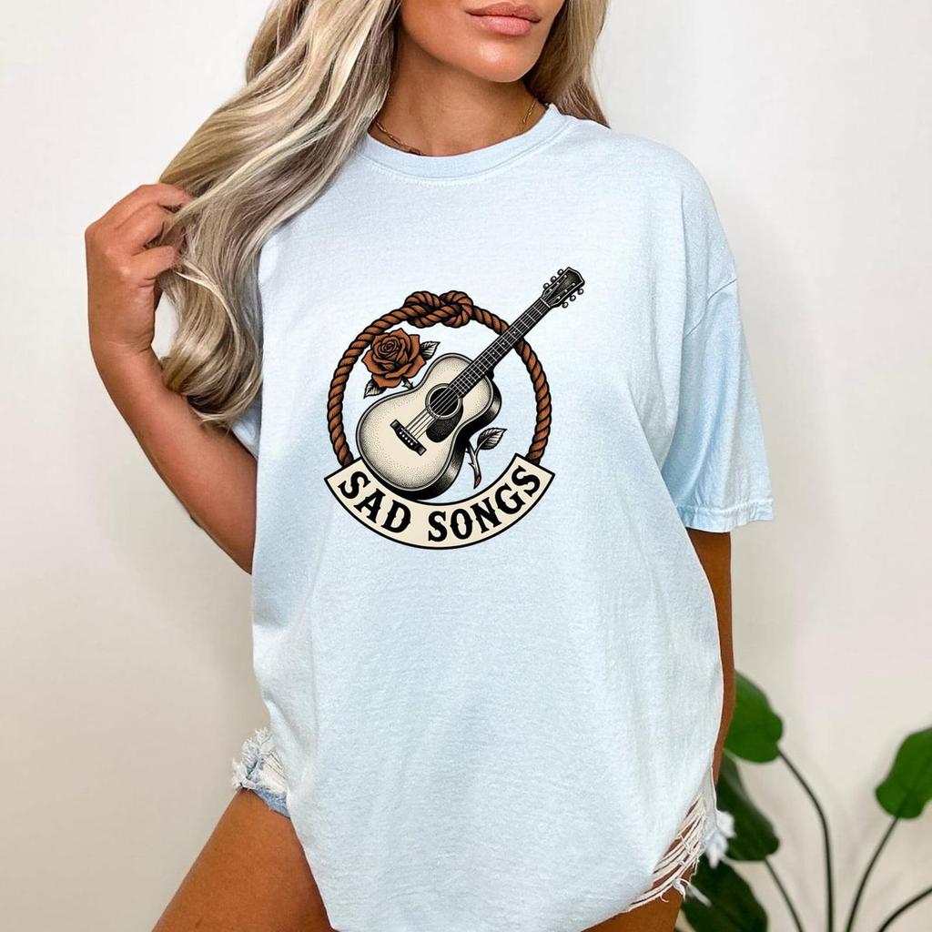 Sad Songs Country Tee, Dark Western Shirt, Acoustic Guitar Graphic, Rodeo Cowboy Lasso Top, Vintage Rose Music Gift, Retro Aesthetic Apparel