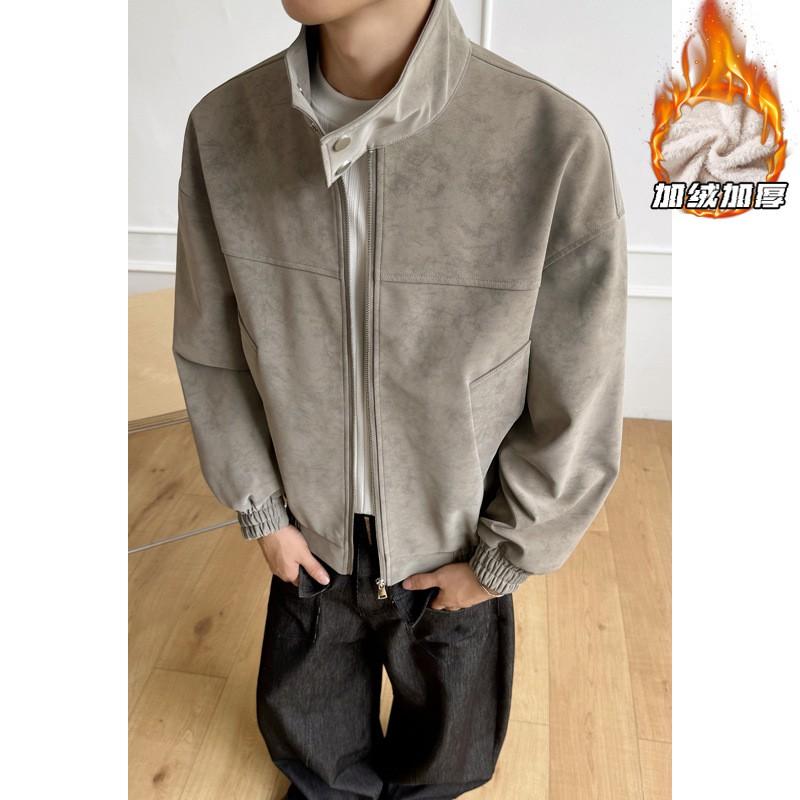 Mens Warm Fleece-Lined Cotton Jacket 2026 Loose Fit Stand Collar Zipper Front Gray Black M-5XL