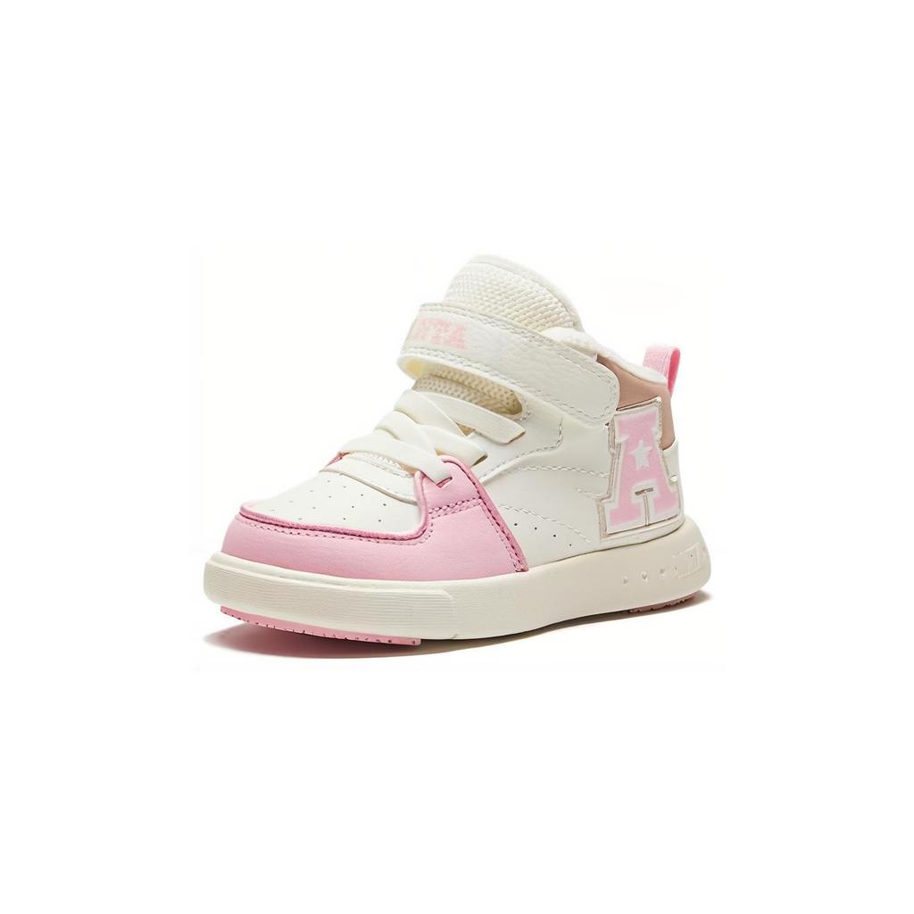 Anta Kids Round Toe Velcro Comfortable Versatile Shock Absorbing Durable Mid-Top Walking Shoes Baby Shoes White Pink 322340061-1