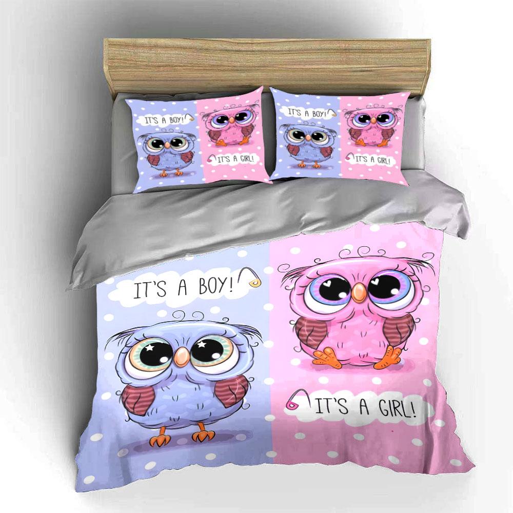 Cute owl boy and girl illustration Print Bedding Set 1 Duvet Cover 2 Pillowcases for Adult and Children Luxury Gift Full Size