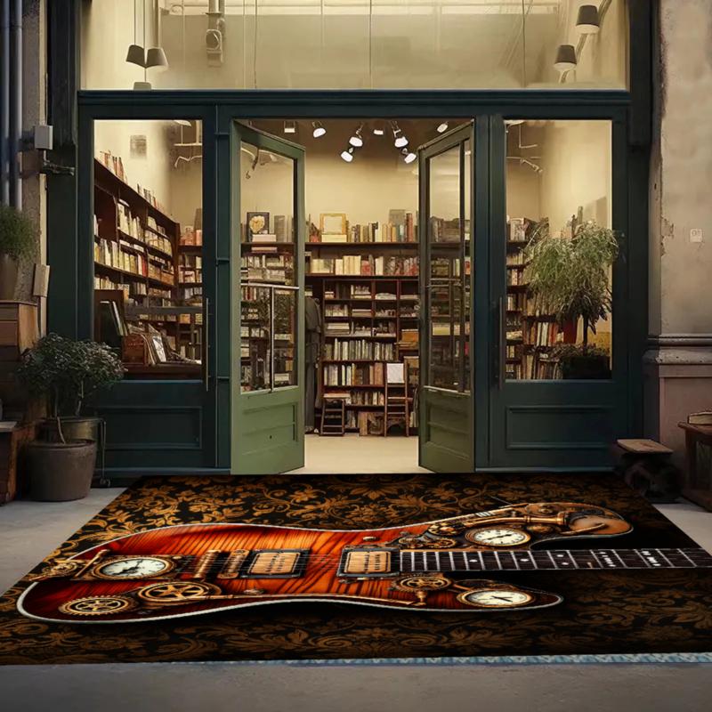 Steampunk Guitar Rug Retro Music Entryway Doormat NonSlip Easy Clean Stylish Decor Carpet for Living Room Bedroom Pet Friendly