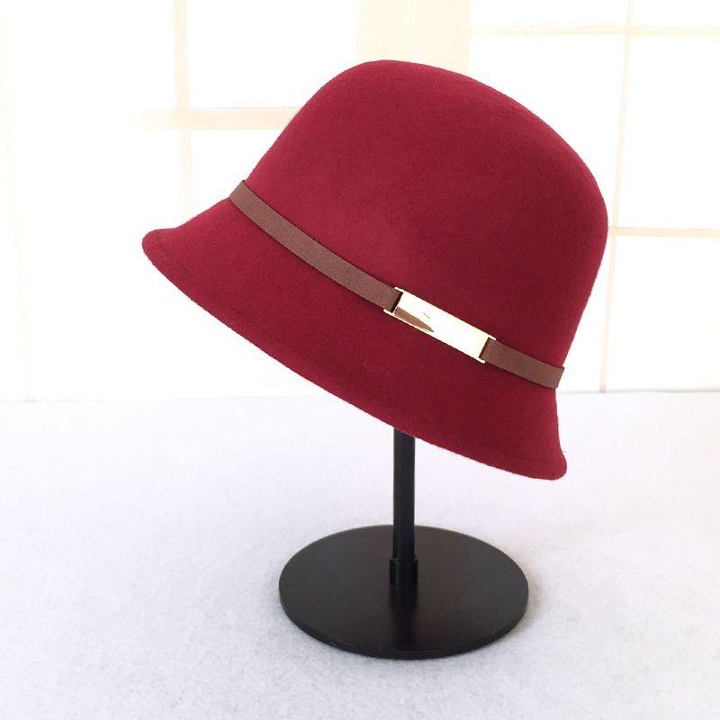 Женская шерстяная цилиндр кожаная отделка модная шерстяная шляпа-котелок черная шляпа