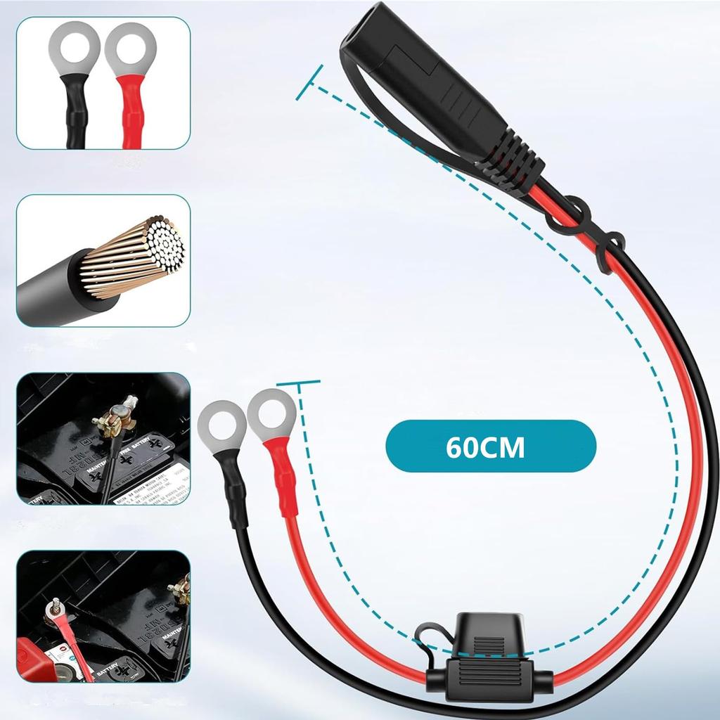Разъем SAE, Зарядный кабель SAE, Зарядное устройство для мотоцикла, Кольцевой клеммник, Встроенный предохранитель 15А,
