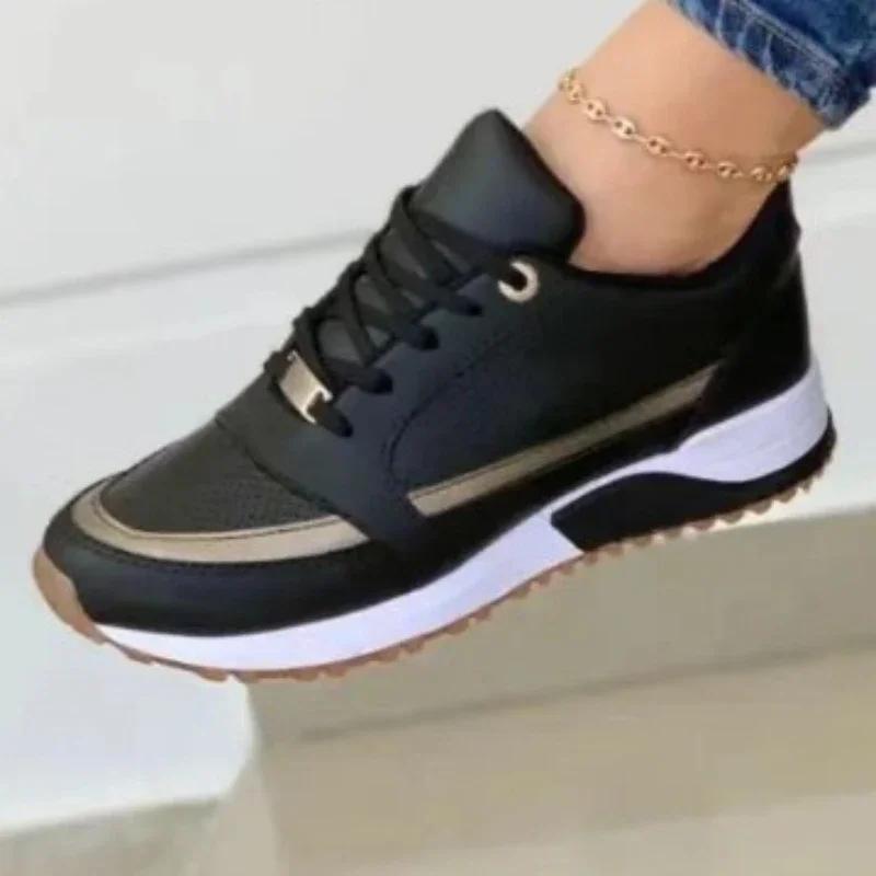 2024 Hot Sale Ladies Shoes Lace Up Women's Vulcanize Shoes Autumn Round Toe Mixed Colors Increase Height Casual Sneakers Women