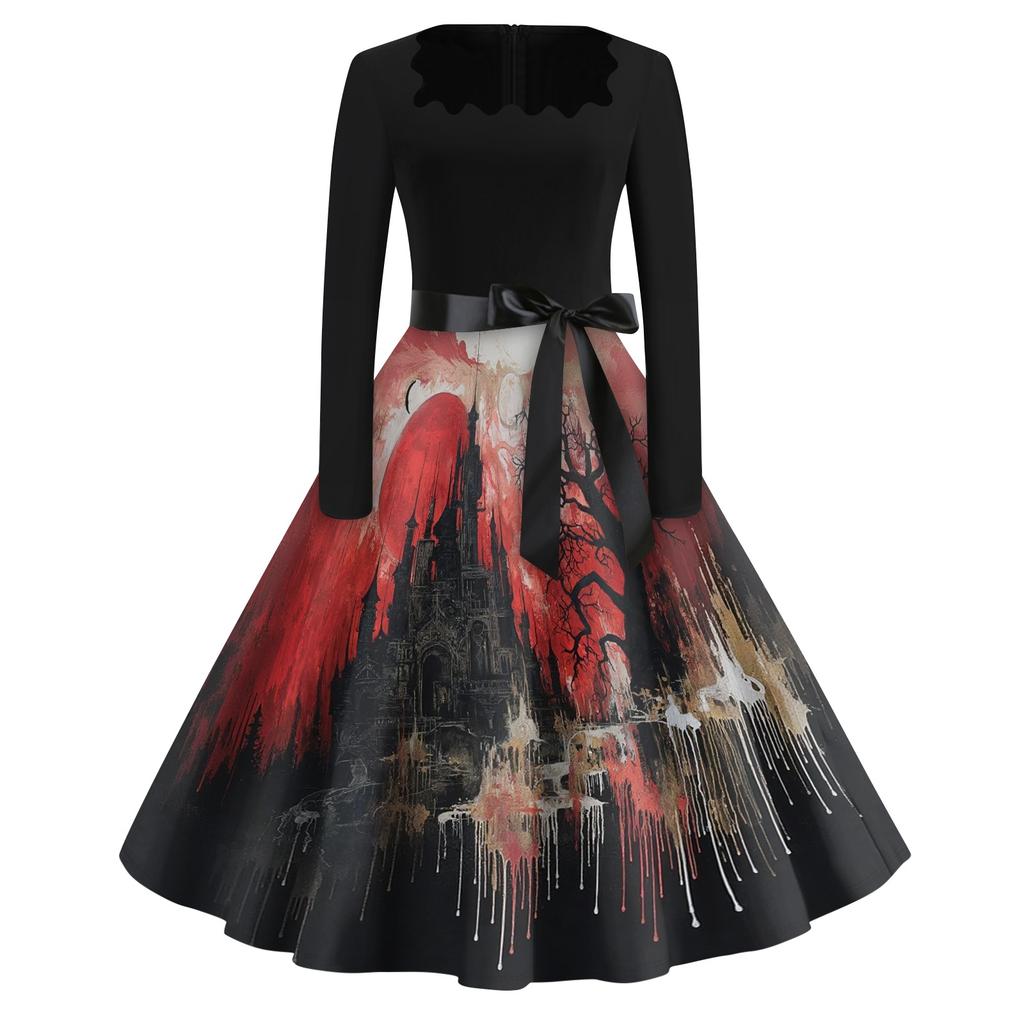 Women's Casual Fashion Halloween Print Square Neck Vintage Style Long Sleeve Dress with Waist Tie Belt Retro A-Line Midi Dress for Fall