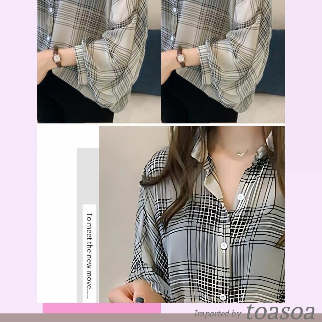 Check Long Open Chiffon with Collar [toasoa] Women's Shirt, Sleeve, Front, Blouse, See-Through, Stylish, Cute, Striped, Elegant, (02 - L, Beige)