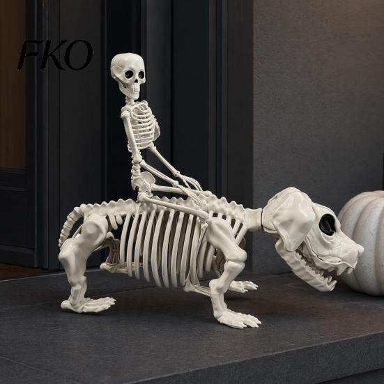 Bone Texture Halloween Decor Decoration, Skeleton Riding Dog Statue, 52cm Large Figure for Unique Yard Display, Spooky Child Hound Haunted House