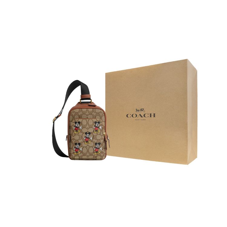 Coach X Коллаборация с Disney 13-дюймовая сумка через плечо среднего размера из кожи и ткани с вышивкой Микки, блоки цветов Мужские сумки Хаки CM721-B4KM
