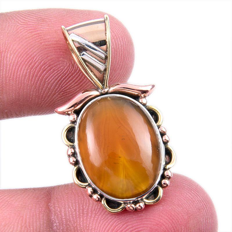 Natural Botswana Agate Gemstone 925 Solid Silver Two Tone Pendant 1.25'' f3S32