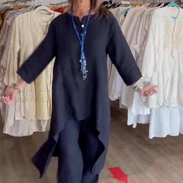 Женский однотонный повседневный летний комплект из хлопка и льна с длинными рукавами