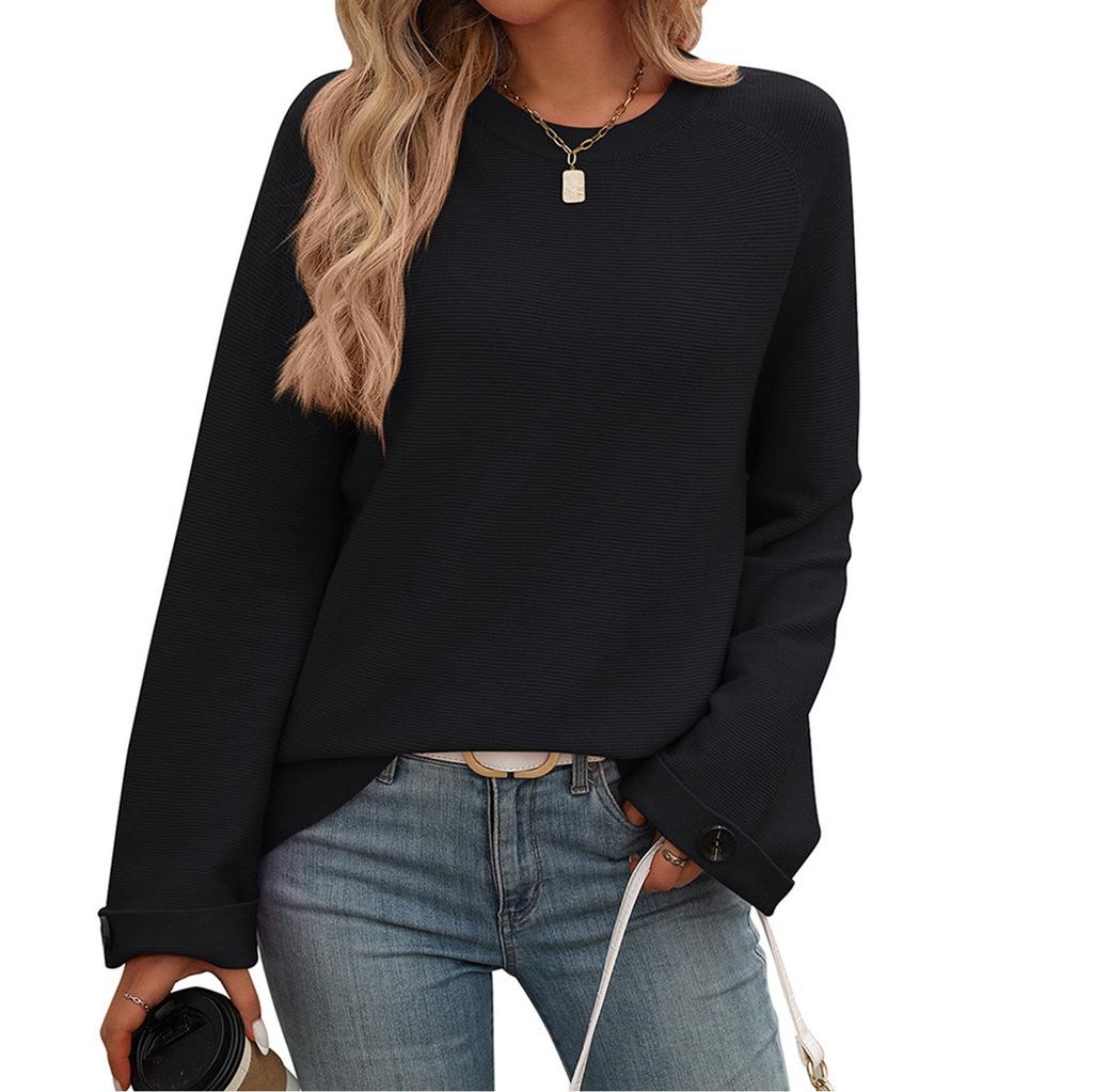 Женская мода однотонный круглый вырез с пуговицами длинный рукав свитер топ