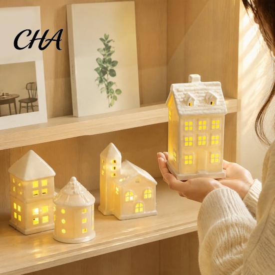 LED Christmas Town Decor Ceramic Village House with Lights, Minimalist Nordic Style White Night Light Desktop Ornament, Decorative Lights for Holiday