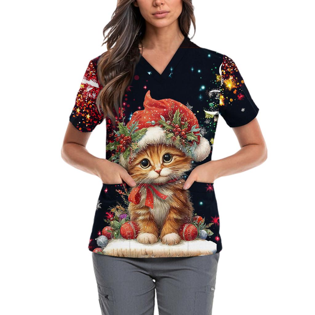 Женская милая блузка с принтом бантиков, рабочая одежда, V-образный вырез, двойной слой, карманы, базовая, с коротким рукавом, пуловер