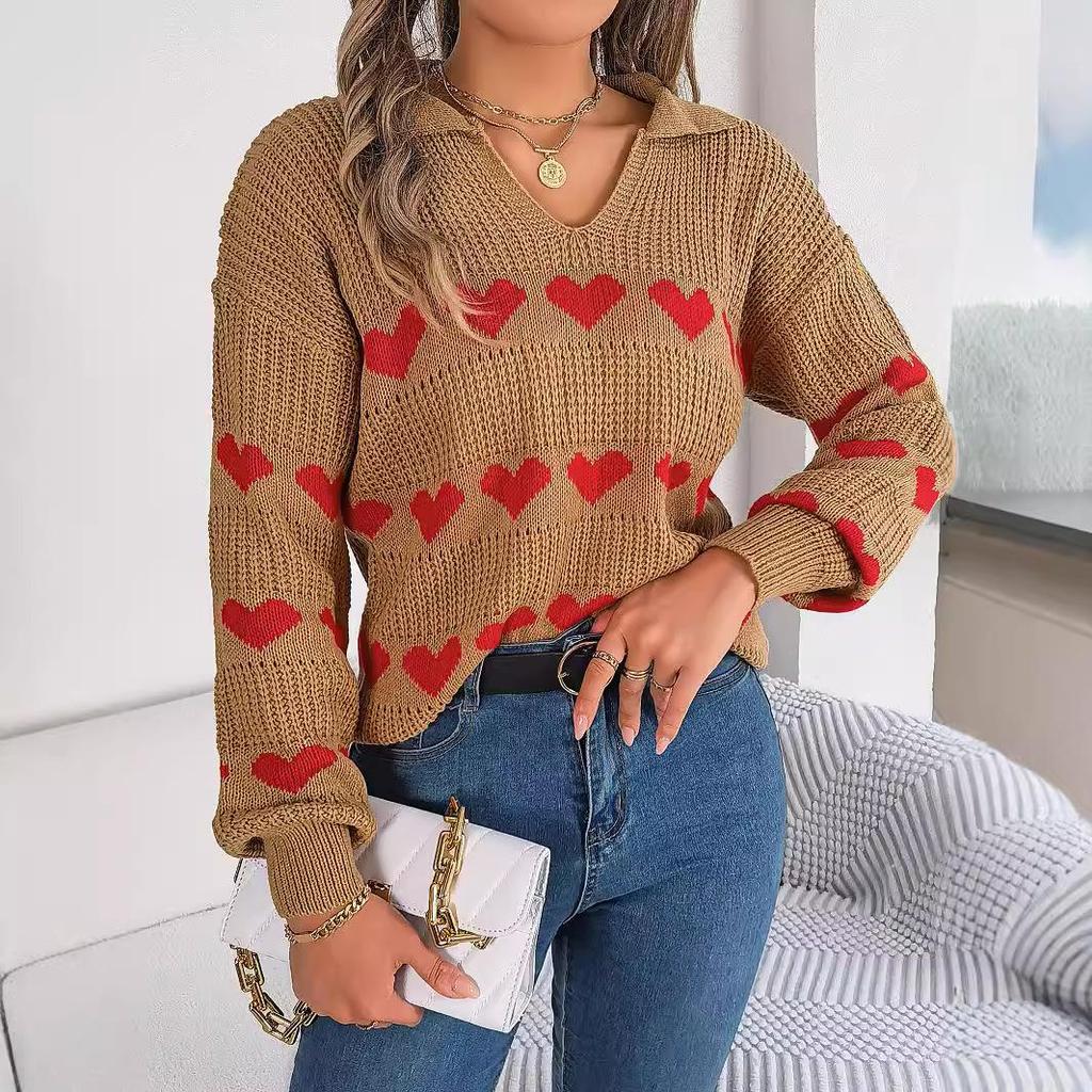 Autumn Winter Vintage Loose Long Sleeve Top Heart Print Cardigan Knitwear V-Neck Sweater