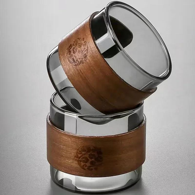Japanese Style 150ML Heat-resistant Glass Tea Cup with Scald Proof Wooden Holder Kungfu Tea Set Master Cup Household Coffee Mug