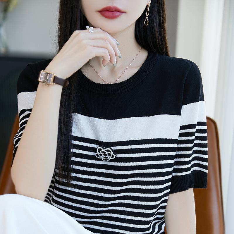 Футболка Summer Ice Silk с короткими рукавами, топ Camellia с круглым вырезом, свободная базовая рубашка с короткими рукавами