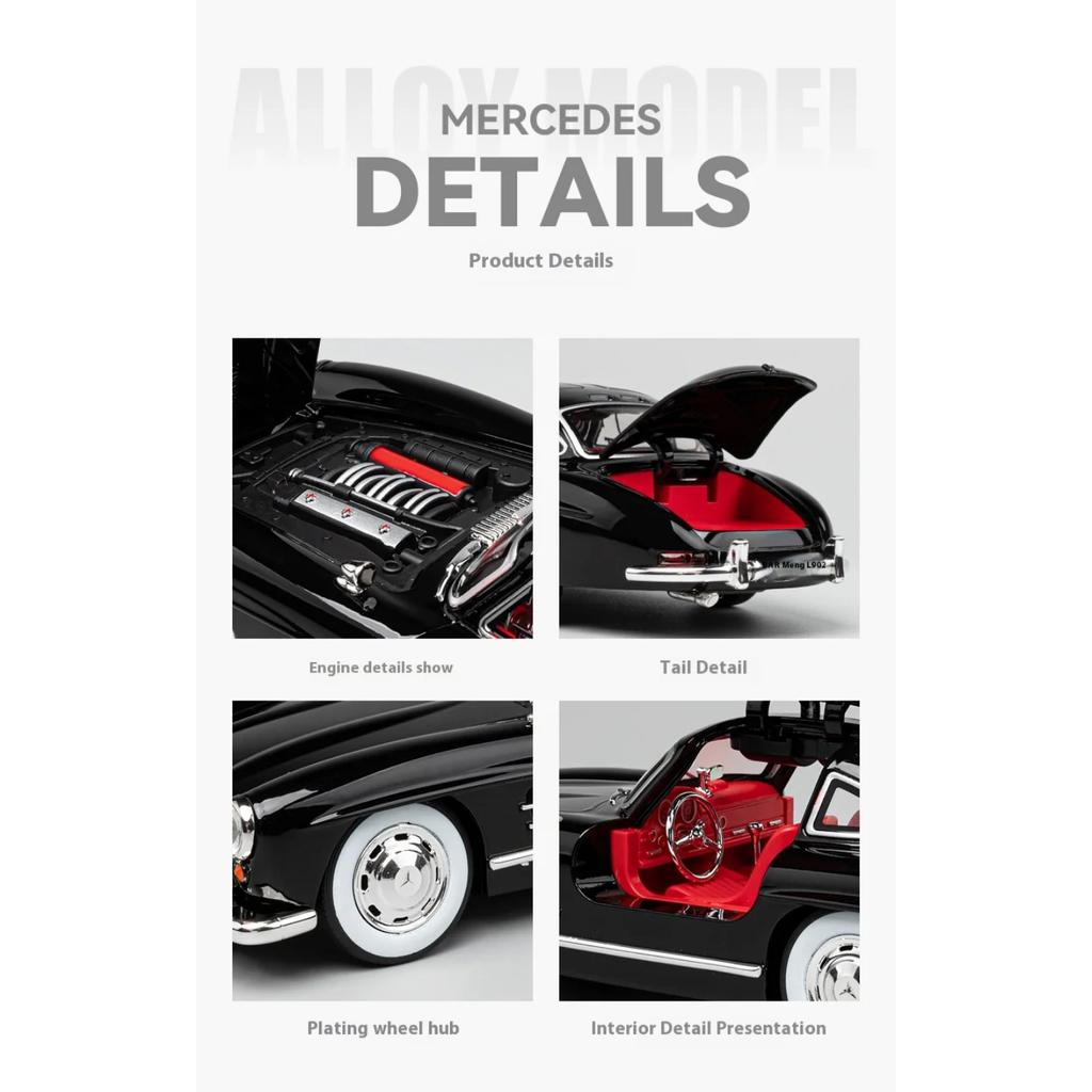 Масштаб 1/24 Классический автомобиль Benz 300SL Металлическая литая модель автомобиля со звуком и светом Коллекционирование Хобби Настольное декоративное украшение Подарок