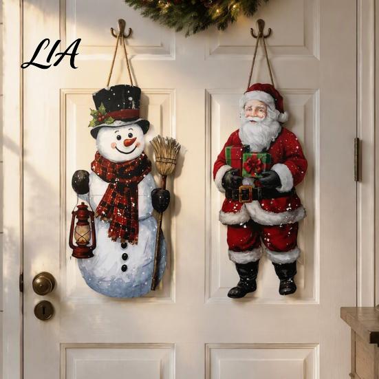 Reusable Wooden Party Sign Vintage Christmas Door Welcome Sign, Rustic Santa Claus Snowman Gift for Family Wreath, Farmhouse Decorative Hanger Plaque