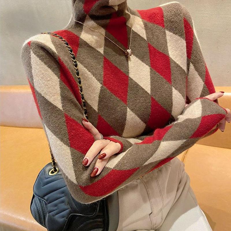 Свитер с высоким воротом, женский пуловер, осень и зима, винтажная ромбовидная сетка, новая модная утягивающая базовая рубашка, женский топ