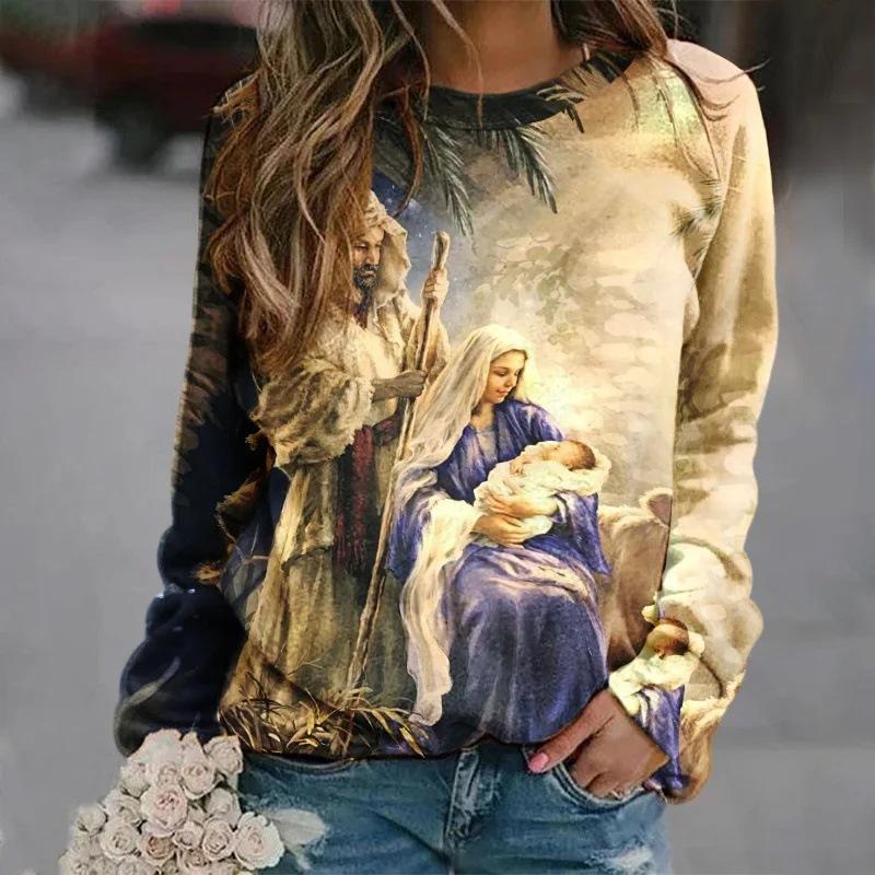 Толстовки Иисус Христос Дева Мария 3D Принт Худи Женские Лонгсливы Y2k Худи Оверсайз Пуловеры Топы Женская Одежда