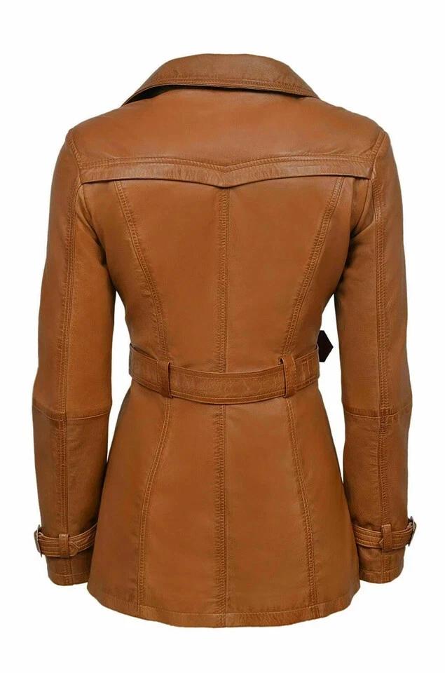 Женский тренчкот HOT Brown Leather Handmade Lambskin Натуральная стильная одежда Мягкая